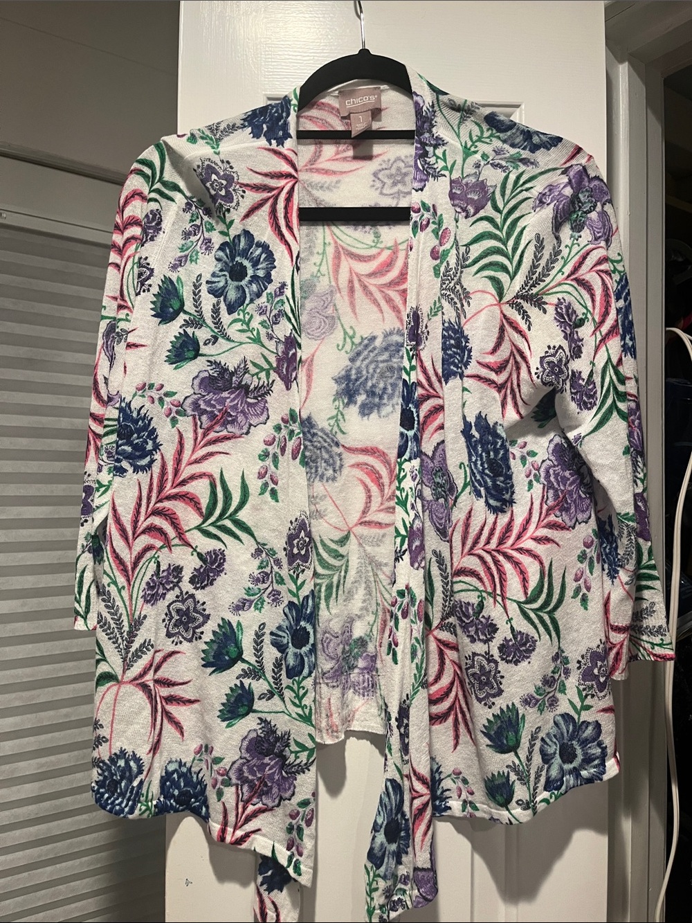 Chico's White Floral Open Front Cardigan with Blue, Purple & Green NWT